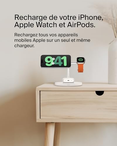 Belkin BoostCharge Station de Recharge 3-en-1 avec Qi2, Chargeur MagSafe Compatible pour Les modèles de l'iPhone 17, iPhone Air, Apple Watch, AirPods, Pixelsnap, Adaptateur Inclus - Blanc