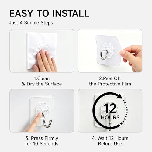 Image of 16 Pack Crystal Clear Adhesive Hooks for Hanging, Heavy Duty 22lb