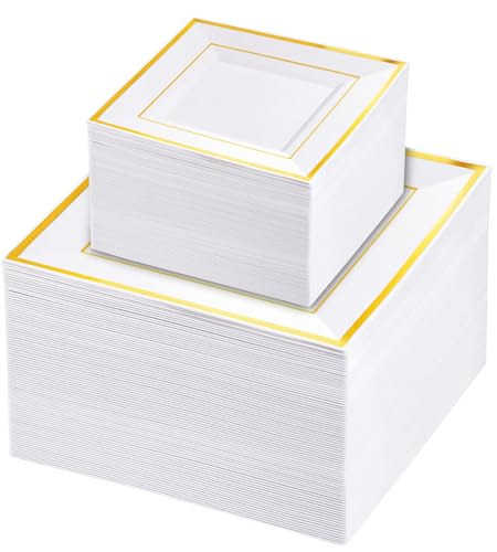 Liacere 100PCS White and Gold Square Plastic Plates-50PCS Heavy Duty 9.5inch White Dinner Plates and 50PCS 6inch White Dessert Plates - Gold Plastic Plates for Party&Wedding&Thanksgiving