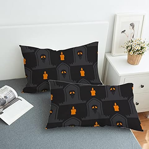 Koongso Happy Halloween Pumpkin Skull Pillowcase for Sofa Bed Home Decor, 2 Pack Orange and Black Candle Skull Rectangle Pillow Protector Shams Halloween Decor Standard Size Cover