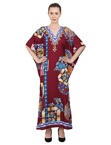 Image of Miss Lavish London Maroon Kaftan Dresses for Women V Neck Batwing Sleeve Beach Vacation Bikini Swimsuit Cover Ups,Resort Wear Cruise Coverup-Maroon-3XL
