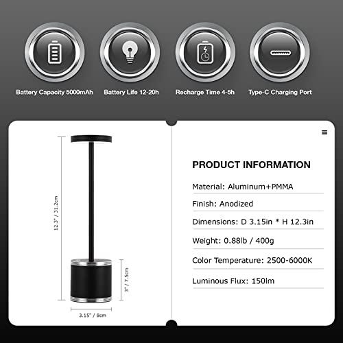SenceHome LED Table Lamp Set of 2, Black Cordless Table Lamp, Portable Rechargeable Wireless Lamps with Speaker, 3 Color Dimming, 5000mAh Desk Lamp for Bedside, Office, Restaurant, Bar — view 5