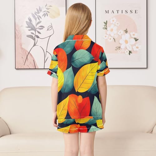 senya Pajama Sets Silky Button Down Nightwear Sleepwear Size 5-14 Years Yellow Green Red Leaves4