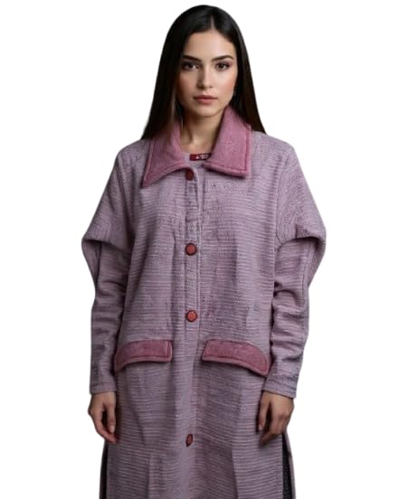 Women?s Long Wool Cardigan Coat with Contrast Collar Pink-image-16