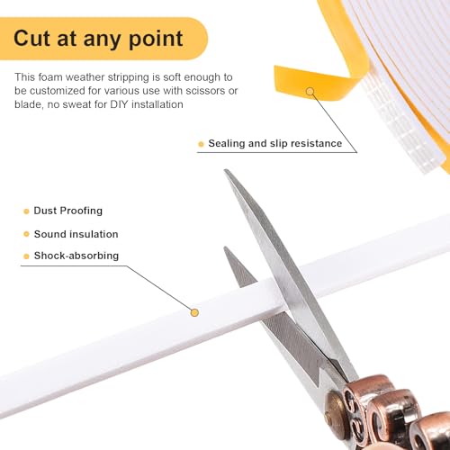 3 Rollen Schaumstoffdichtungsband, selbstklebendes Dichtungsschaumband, 15 m, weißes Dichtungsband für Tür, Fenster, Badezimmer, Dusche, Anti-Kälte, Wind, Lärm und Kollision (6 m x 3 Rollen)