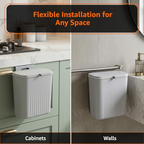 Image of Amazon Basics 9 Litre Kitchen Dustbin with Lid, Hanging Plastic Trash Can for Cabinet Door, Wall Mounted Garbage Bin, Double-Sided Open Design - Grey