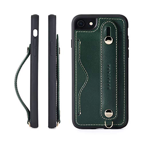 HANATORA iPhone SE3/SE2 /8/7 グリップケース レザー 本革 ストラップ付属 イタリア製牛革 ヌメ革 片手操作 カード収納 スタンド機能 メンズ レディース グリーン CGH-8SE-Green