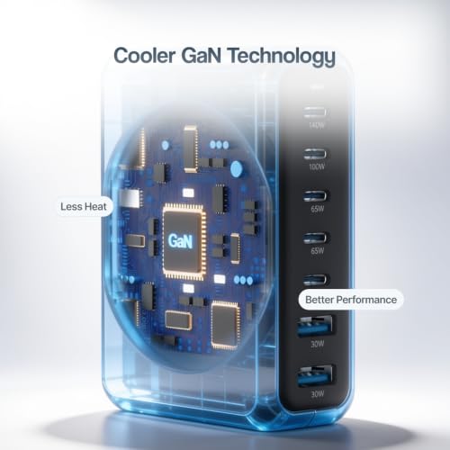 Image of Ambrane 140W GaN Charger Hub, Charge 7 Devices, 100W Macbook /Type C Laptop Charging, 5 Type-C PD Technology, 2 USB-A Ports, Long Cable, Fast Charging-Mobile, Laptop, All Devices (Charge Hub 140, Blue)
