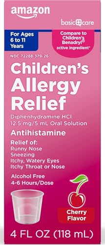 Image of Amazon Basic Care Children's Allergy Relief Oral Solution, Diphenhydramine HCl Antihistamine, Cherry Flavor, 4 fl oz (Pack of 1)