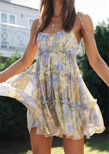AELSON Sundresses for Women 2025 Floral Summer Dress Boho Flowy Cute Dresses Spaghetti Strap Sleeveless Ruffle Mini Dress4