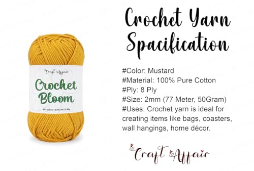 Image of Craft Affair | Crochet Bloom Cotton Yarn 8ply (2mm, 77Meter, 50Gram) 100% Pure Cotton | Knitting Yarn | for Embroidery, Craft & DIY Project: Mustard