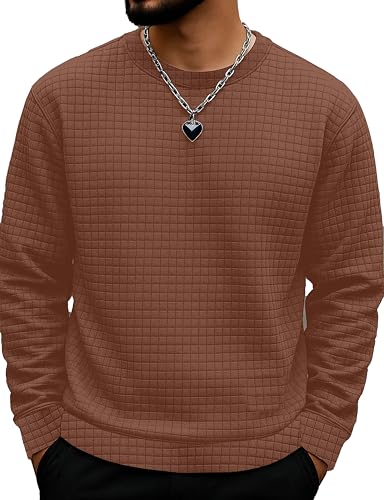 Image of KAJARU Quilted Pattern Long Sleeve Sweatshirt, Round Neck, Men's Casual Pullover, Grey, Black, Beige