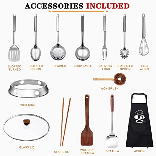 15 Pcs Wok Pan With Lid, Carbon Steel Woks & Stir-Fry Pans And Kitchen Utensils Set, 13 Inch Nonstick Frying Pan Wooden Handle, No Chemical Coated Flat Bottom Chinese Wok Pan Cookware All Stoves #TOP6