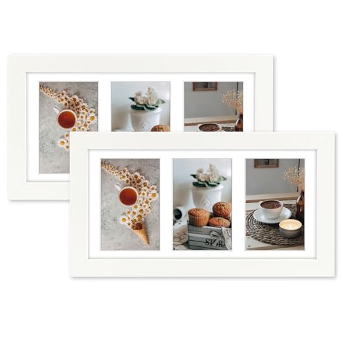 Golden State Art, Set of 2, 7x14 White Photo Wood Collage Frame with Mat Displays (3) 4"x6" Pictures (Wood - White with White Mat)