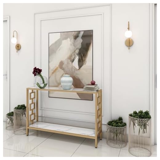 RIZIK STORE™ Iron Metal with Engineered Wooden top Console Table/end Table for Entry Way Behind Sofa, Living Room, Dining Room, Office, Home Decor Gold and White Marble Look (White Gold)