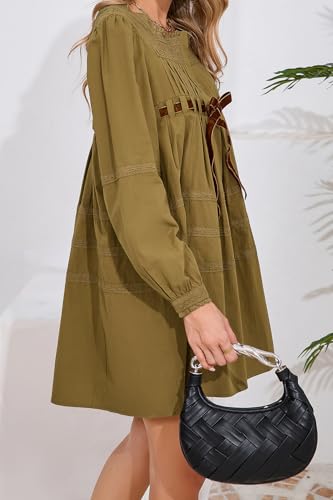 D-Sun Women Babydoll Dress Long Puff Sleeve Square Neck Lace A-Line Flowy Mini Dress Tie Embroidered Ruffled Y2K3