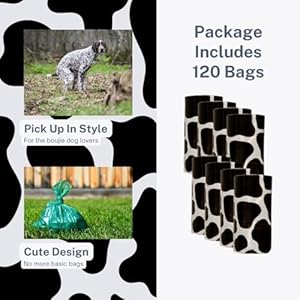 Dog Poop Bags – Cute Cow-Printed Disposable Waste Bags, Guaranteed Leak Proof, Unscented, 120 Count, 8 Rolls