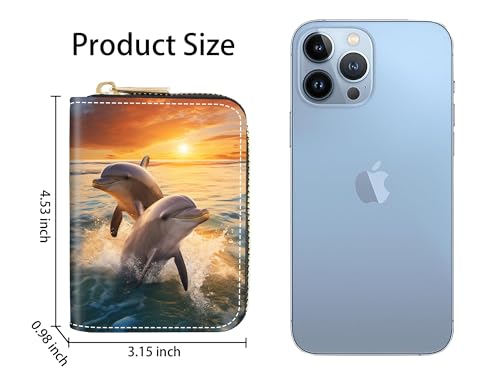 Credit Card Holder Wallets for Women, Slim Leather Card Holder Wallet, Credit Card Wallet Organizer, Pocket Business Card Case with Zipper, Dolphins At Sunset2
