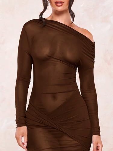 Image of Floerns Women's Asymmetrical Neck Sheer Mesh Long Sleeve Evening Bodycon Maxi Dress