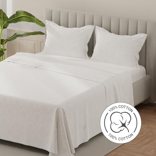 Image of Layers 100% Cotton Bedsheet for King Size Bed | Lumina Floret Collection | 144 TC Soft & Breathable | Printed with 2 Pillow Covers | Wrinkle Free & Colorfast | 3 Piece Bedding Set - White & Beige