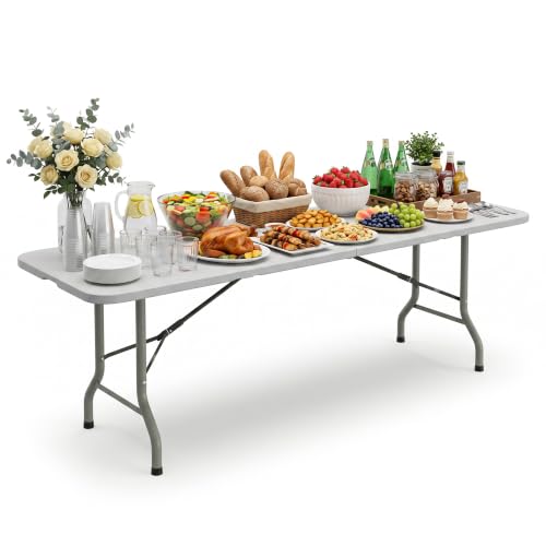 HULKFIT Heavy Duty 8FT Folding Table, Large Portable Utility Table with 620 lbs Load Capacity, Sturdy Steel Frame, Perfect for Banquet, Buffet, Parties, and Outdoor Events, Warm White