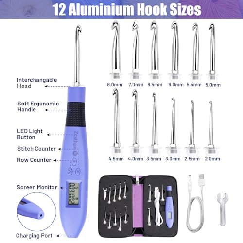 Image of Light up Crochet Hook Set with Stitch Counter Crochet Kit with 12 Different Size Interchangeable Crochet Needle,Ergonomic with 2 Levels Led and Digital Stitch Counter for Crocheting and Knitting