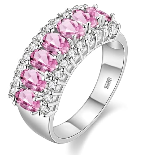 Uloveido Dainty 7 Stone Birthstone Ring, Oval Cut Pink Crystal Wedding Band Anniversary Party Prom Ring for Women J501 (Platinum,Pink,Size 9)