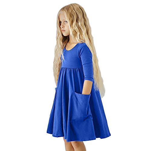 Kehen Kid Toddler Baby Girls Spring Outfit Long Sleeve Solid Color Casual Skater Pocket Dress Hemline Dresses Blue 4-5T