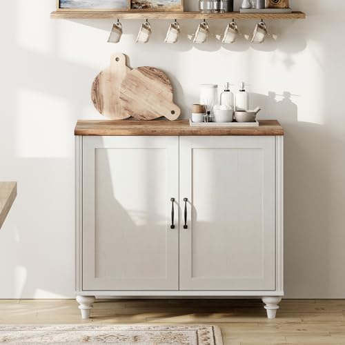 WAMPAT Farmhouse Buffet Cabinet with Wooden Door, White, 34"