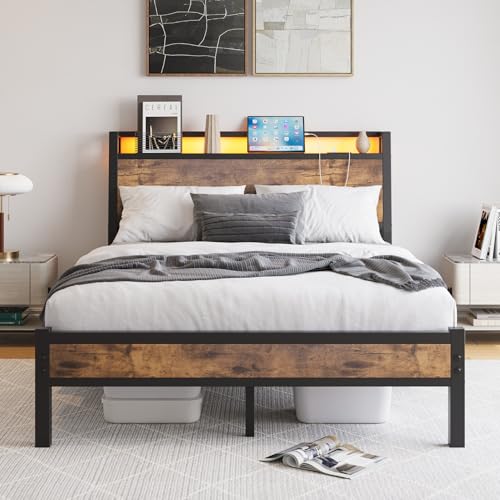 JELUTE Double Size Bed Frame with Charging Station and LED Lights, Wood Headboard with Storage Shelves, Heavy Duty Metal Slats, No Box Spring Needed, Noise Free, Easy Assembly,Black