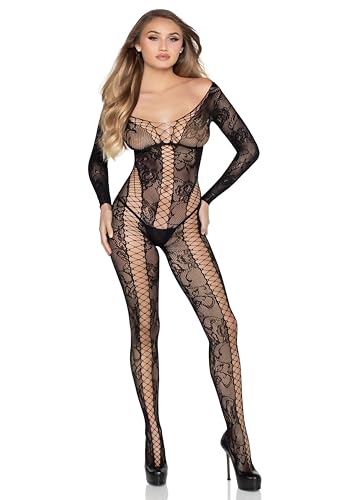Leg Avenue Lace Crop Top and Crotchless Tights Lingerie Set – One Size – Black