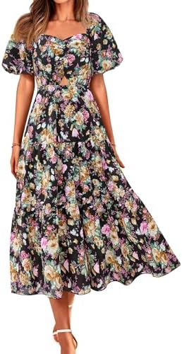 BTFBM Women's Clothing Summer Dresses 2025 Beach Vacation Square Neck Short Sleeve Smocked Back Boho Casual Floral Maxi Dress