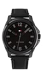 Schwarzes Zifferblatt Tommy Hilfiger Analog Quarzuhr für Herren mit Schwarzes Lederarmband - 1710485