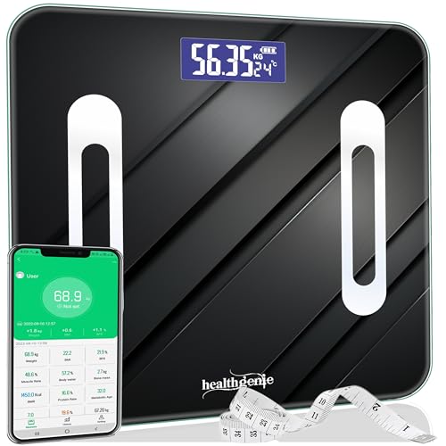 Healthgenie Advanced BMI Weight Scale,Body Fat Analyzer With Smart Circut For Longer Battery, Sync With App, 18 Body Metrics Weighing Machine (Flexi Slate)1 YR Warranty,Free Assorted MeasuringTape