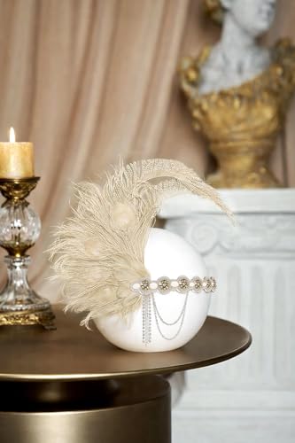 BABEYOND Opaska na głowę z piórami Flapper z lat 20. XX wieku - Wielki Gatsby ozdoba na głowę z rykiem lat 20. impreza akcesoria do włosów beżowa
