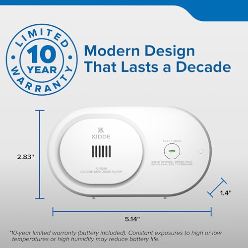 Kidde Carbon Monoxide Detector, 10-Year Battery Powered, LED Status Indicators, 85 dB Alarm, 5th Edition, COB10