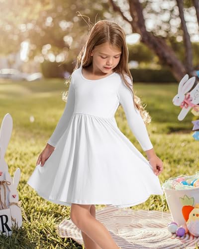 Image of Stelle Long Sleeve Girls Dress Toddler Dresses Skater Twirl Cotton A-Line Dress for School Casual | Criss Cross Back,Crew Neck,High Waist,Spinny Swing,Stretchable,Spring Fall Winter,Casual School Birthday Dance