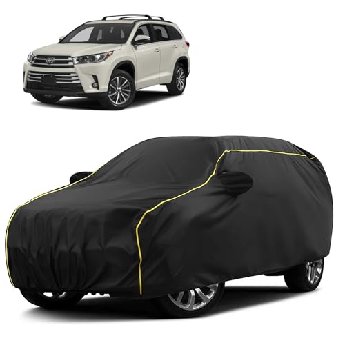 Image of Sulfar 100% Water Resistant Car Body Cover Compatible with Mirror for Toyota Highlander (Triple Stitched, Full Bottom Elastic, Black Taffeta with Yellow Piping)