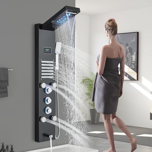Harnart Colonne de douche 5 en 1 noire de massage hydraulique avec LED colonne de douche de massage hydraulique en acier inoxydable système de panneau de douche mural