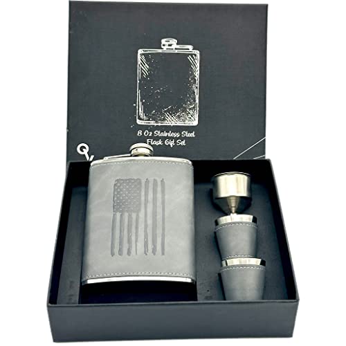 Leather American Flag Flask Gift Set With 2 Shots. 8 Oz Hip Flask, Stainless Steel & Stamped Leather Wrapped Style With Gift Box. Christmas Gift For Men, Dad, brother or Groom. (USA Flag))