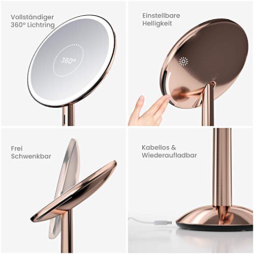 Foto von HIBELLA Glamirror Kosmetikspiegel mit Beleuchtung, Kosmetikspiegel 5 Fach, Vergrößerungsspiegel mit Licht, vollständiger 360° Lichtring. Kabellos, Wiederaufladbar, Abnehmbar für Zuhause und Unterwegs