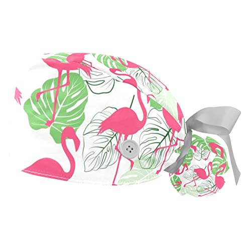 Chapeaux bouffants de travail JDEZ respirants imprimé flamant et monstera lot de 2