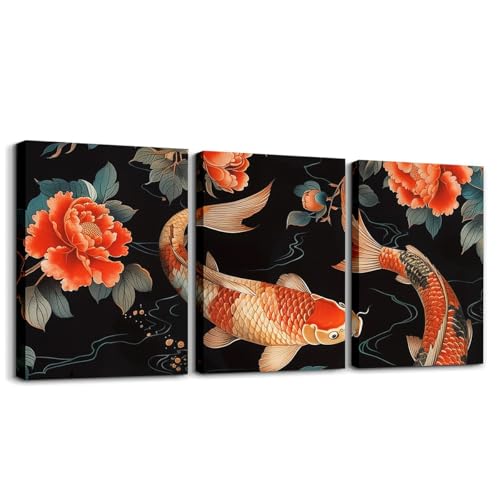 Peinture murale japonaise Ukiyo-e fleurs pivoine verte noire tableau 3 panneaux