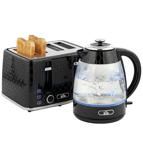 HOMCOM Kettle and Toaster Set, 1.7L 3000W Rapid Boil Jug Kettle with Strix Thermostat, Limescale Filter, 4 Slice Toaster with 7 Browning Controls, Crumb Tray, Black
