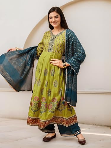 Image of ishin Floral printed a-line kurta with pants and dupatta