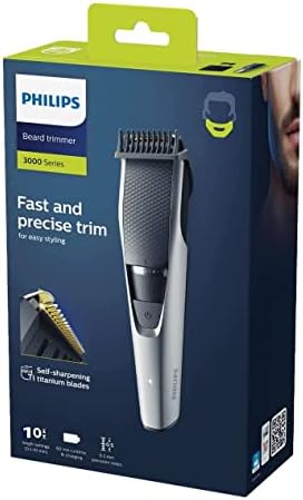 Philips Beard & Stubble Trimmer for Men, Series 3000, 10 Length Settings, Self-Sharpening Blades, UK 3-Pin Plug - BT3206/13 Silver/Black