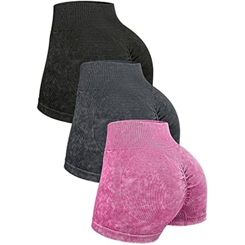 OQQ Women's 3 Piece Butt Lifting Yoga Shorts Ribbed Acid Wash Workout Athletic High Waist Ruched Booty Pants, Black Darkgrey Darkpink, Large Cover