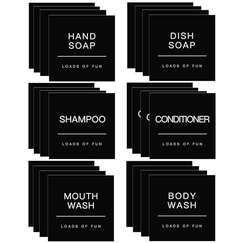 HVSWLY 24PCS Waterproof Soap Dispenser Labels for Glass/Plastic Bottles, Black Soap Dispenser Labels, Bathroom Labels for Hand Soap,Shampoo,Conditioner,Mouthwash and Lotion (2.6
