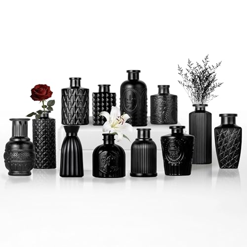 Sawoake Mini Bud Vases As Wedding Centerpieces for Tables Clear Bud Vases for Flowers Small Flower Vases Suitable for Birthday Party Anniversary Wedding Reception Baby Shower (Matt Black 12PCS)
