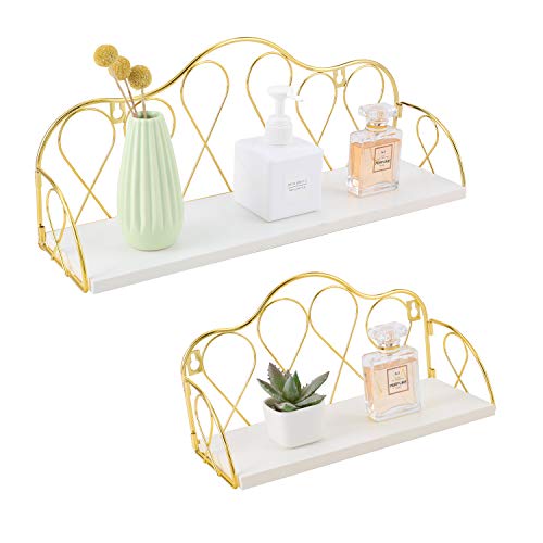 Image of superbpag Floating Shelves Wall Mounted Set of 2, Wall Shelves with Gold Metal Guardrail for Bedroom Bathroom Living Room Kitchen Picture Frames, White and Gold